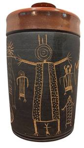 lot 141H image: MBR - Santa Fe Stoneworks 1990 Lidded Pottery Jar with Petroglyph Design