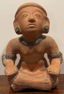 lot 142H image: MBR - 10 Inch Terracotta Seated Figure Sculpture with Tribal Design