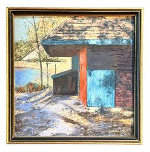 lot 192H image: UO - Ron Wilson Framed Painting Wood Lake Geometric