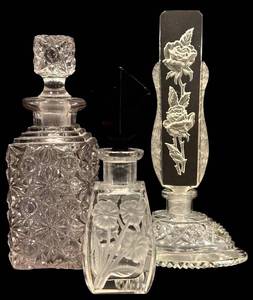 lot 193H image: MBR - Set of 3 Vintage Pressed and Etched Glass Perfume Bottles