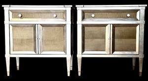 lot 206H image: G - Pair of Mirrored Wood Accent Cabinets with Crystal Knobs