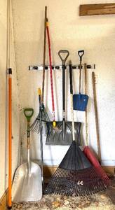 lot 208H image: G - Collection of Lawn and Snow Tools Including Shovels, Rakes, and Push Broom