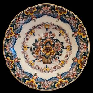 lot 224H image: LL - Fock & Meltzer 14-Inch Round Vintage Porcelain Platter with Floral Basket Design