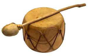 lot 232H image: LL - Vintage Handmade Native Style Drum with Mallet