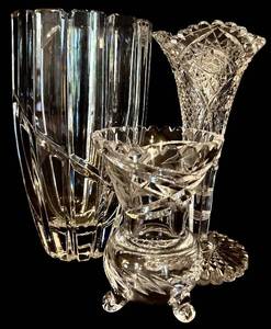 lot 319H image: LR - Pair of Cut Crystal Vases including a Mikasa 10 Inch Vase