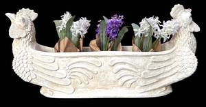 lot 321H image: LR - Large Rooster-Shaped Planter with Artificial Hyacinth Flowers