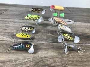 lot 216 image: Lot of 9 Collectible Fred Arbogast Jitter Bug Fishing Lures & 1 Arbogast Spin Hula Dancer Frog Color