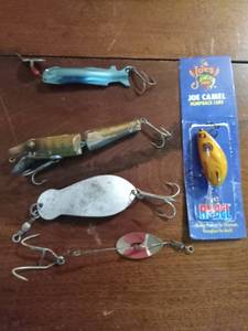 lot 56 image: Joe Camel Humpback lure, wood lure, vintage k-B Superior Wis. spoon lure, vintage spinner and a lure