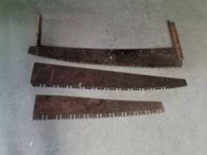 lot 42 image: 3 Vintage 2-man saws (1 with wood handles)