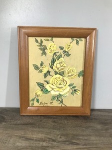 lot 244 image: Vintage Signed Small Framed Painting of Yellow Roses