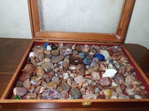 lot 83 image: Polished and unpolished agates and other unique rocks in a wood show case