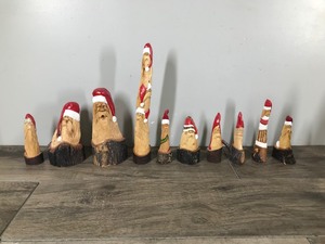 lot 299 image: Lot of 10 Santa Gnome Elf Wood Hand Carved Figurines by W. Dawydenko Minnesota Folk Art - Signature of Artist is on the Bottom of Figurines
