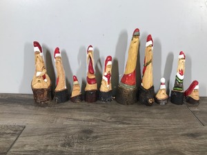 lot 300 image: Lot of 10 Santa Gnome Elf Wood Hand Carved Figurines by W. Dawydenko Minnesota Folk Art - Signature of Artist is on the Bottom of Figurines