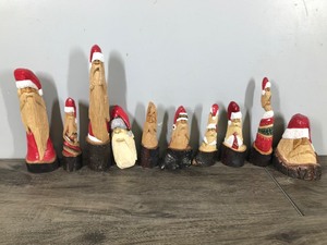 lot 302 image: Lot of 10 Santa Gnome Elf Wood Hand Carved Figurines by W. Dawydenko Minnesota Folk Art - Signature of Artist is on the Bottom of Figurines