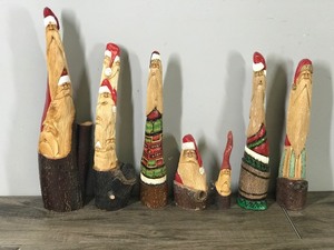 lot 305 image: Lot of 7 Santa Gnome Elf Wood Hand Carved Figurines by W. Dawydenko Minnesota Folk Art - Signature of Artist is on the Bottom of Figurines