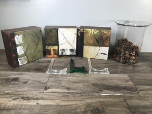 lot 319 image: 3 Boxed Wall Hanging Pictures, Vase with Pinecones and 3 Picture Stands