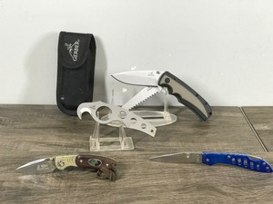 lot 340 image: 3 - Knives  Gerber Hunting  Knife with Case and Hook for Cutting Thru Animal Fur  Mossy Oak Knife  Stainless China Knife