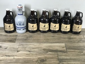 lot 372 image: 5 Deerwood Bank 64 Fl OZ Empty Beer Growlers & Rauchenfels Steinbiere Porcelain Krug Bottle Mug Stien Getmany - 13.25 tall