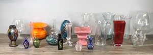 lot 380 image: Lot of Vases and More - Haeger (Pink One) - Pyrex - Avon - Hoosier Glass - Fine Bohemian Crystal (Red One) and More