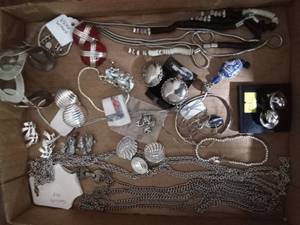 lot 136 image: Flat of Jewelry - Katie Laxton bracelet, Vera Wang necklace, Goldette NY necklace, Avon necklace, signed necklace, GJD, Coro, Monet clip-on earrings and more