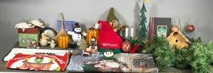 lot 436 image: Lot of Christmas Items and More - Ornaments - Lights - Sequins Wall Hanging - Holiday Hat - Figurines and more
