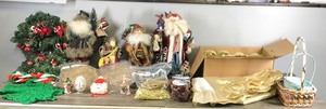 lot 439 image: Lot of Christmas Items and More - 4 Santa Claus Figurines - Wreath - Bulbs - Ribbon - Lights - Egg with Angels inside and More