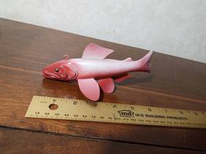 lot 144 image: Signed hand carved wood spearing decoy with metal fins by R. Whittier