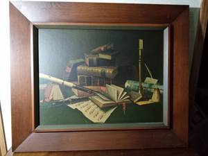 lot 156 image: Signe wood framed print of the painting Music and literature by the American artist William Michael Harnett