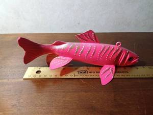 lot 159 image: &nbspSigned hand carved fish spearing decoy with metal fins