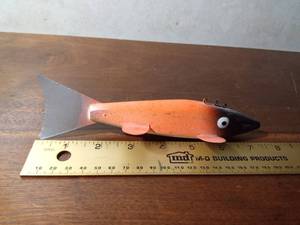 lot 162 image: signed hand carved wood fish spearing decoy with metal fins by JJL
