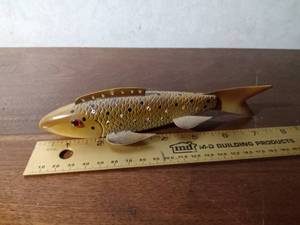 lot 172 image: Signed hand carved fish spearing decoy with metal fins by Larry Lange