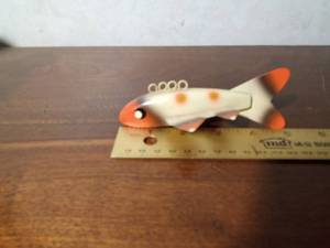 lot 181 image: Signed hand carved wood fish spearin decoy with metal fins by Brad Lange
