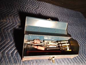lot 199 image: Vintage metal toolbox with tools