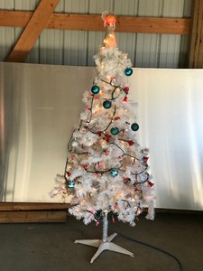 lot 445 image: White Christmas Tree With Lights (Regular Lights - Candy Canes & Blinking Bells), Angel Ornament on Top With Bulbs