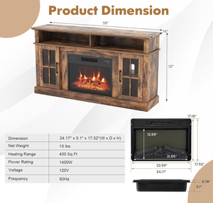 lot 62 image: COSTWAY Electric Fireplace TV Stand for TVs Up to 65 Inches, 1400W Heater Insert with Remote Control, 6H Timer, 3-Level Flame, Overheat Protection and CSA Certification, Adjustable Shelves, Brown 16D x 58W x 32H