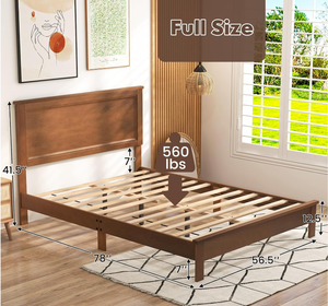 lot 93 image: Giantex Wood Full Platform Bed Frame with Headboard, Mid Century Bed Frame with Solid Wood Legs & Wooden Slat Support, Pallet Bed Mattress Foundation, No Box Spring Needed