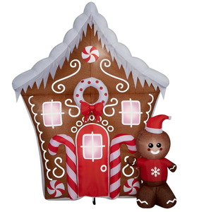 lot 100 image: Holiday Time 8.5 Gemmy Airblown Inflatable Christmas Gingerbread House wGingerbread Man Yard Decoration