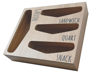 lot 112 image: Losvio Bag Storage Organizer for Kitchen Drawer, Wooden Farmhouse Style Bags Organizer, Compatible with Gallon, Quart, Sandwich and Snack Variety Size Bag (Natural)