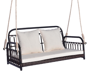 lot 261 image: Tangkula Outdoor Wicker Porch Swing, 2-Person Hanging Seat with Seat & Back Cushions, Heavy-Duty Metal Frame & 2 Sturdy Hanging Ropes, Wicker Woven Swing Loveseat for Front Porch, Backyard (Off White)