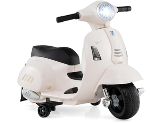 lot 273 image: OLAKIDS Vespa Scooter Kids Motorcycle by OLAKIDS, 6V Ride on Electric Motorcycle with Training Wheels, Headlight, Battery Powered 3 Wheels Toy Gift with LED Headlight Horn for Boys Girls (White) (Missing Parts or Pieces)