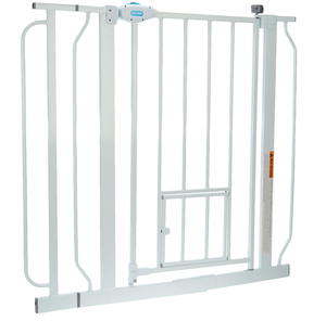 lot 365 image: Carlson Extra Wide Walk Through Pet Gate with Small Pet Door, Includes 4-Inch Extension Kit, Pressure Mount Kit and Wall Mount Kit, White 36.5W x 30H