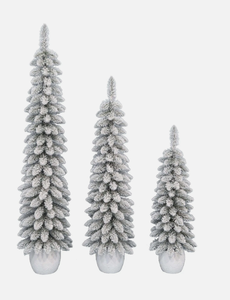 lot 102 image: Holiday Time Set of 3 (345) Green Flocked Artificial Potted Christmas Trees, by Holiday Time