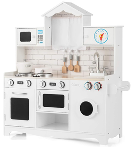 lot 144 image: Costzon Kids Kitchen Playset, Wooden Pretend Cooking Play Toy Set with Realistic Sound, Microwave, Windows, Clock, Sink, Large Storage Space, Kitchen Set for Toddlers, Boys Girls 3