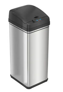 lot 282 image: iTouchless - 13 Gallon Touchless Sensor Trash Can with Pet-Proof Lid and AbsorbX Odor Control, Stainless Steel Automatic Kitchen Bin - Silver Product Height 27.9 inches Width 10.8 inches Depth 12.8 inches (Transit Damage, Maybe Missing Cord)