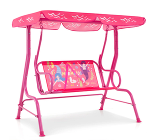 lot 327 image: Costway 2-Seater Kids Patio Swing with Metal Stand and Adjustable Canopy, Pink (Maybe Missing Hardwear)