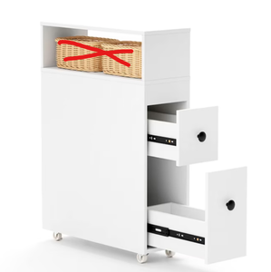 lot 371 image: Tangkula Slim Bathroom Storage Cabinet, Movable Narrow Toilet Side Cabinet w2 Slide Out Drawers, 2 Shelves, on Wheels for Small Spaces 7.5D x 20W x 28.5H (Transit Damage)