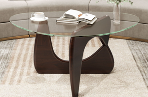 lot 311 image: Triangle Coffee Table with Tempered Glass Top and Adjustable Rubber Wood Base
