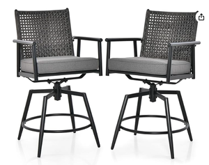 lot 316 image: Tangkula Patio Swivel Bar Stools Set of 2, Outdoor Counter Height Bar Chairs with PE Rattan Back, Metal Frame, Removable Seat Cushion, Sturdy Armrests & Footrest, for Yard, Balcony