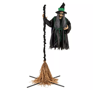lot 254 image: Costway Witch on Broom Halloween Animatronic Life Size Halloween Prop with LED Lights Laughing and Screaming