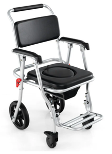 lot 14 image: Costway 4-in-1 Multi-purpose Bedside Commode Toilet Chair Foldable Aluminum Shower Wheelchair with Footrest and Removable Bucket 30 x 21.5 x 38